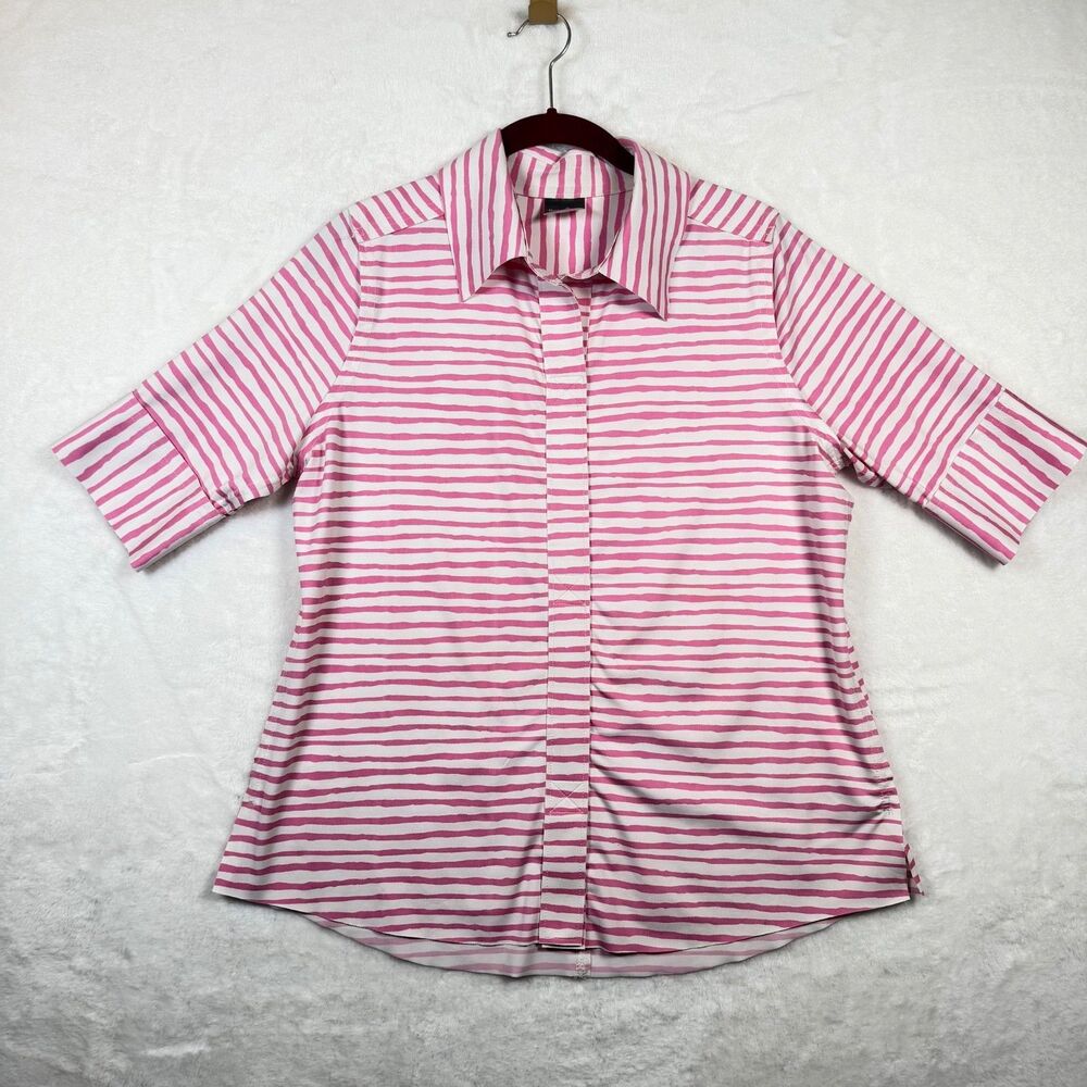 Belyn Key M Pink White Stripe Golf Polo V Neck Pullover Stretch Performance Top